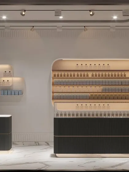 A look inside the perfume boutique concept. I designed custom, curved display cabinets with integrated lighting to showcase the products beautifully. The layout is open and inviting, encouraging customers to explore.