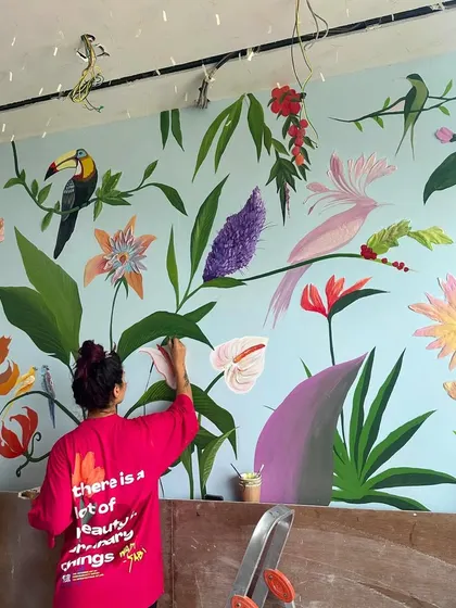 Another process shot from the tropical mural project. You can see the wall in an earlier stage, showing how I build up the layers of color and detail to create the final, stunning result.