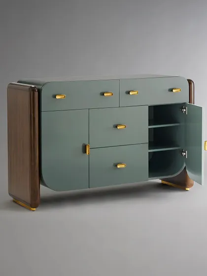 The curved buffet with one door open, revealing the adjustable shelving and ample storage space inside. The medium sheen lacquer finish is both beautiful and durable.
