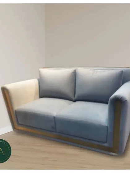 A two-tone loveseat featuring a unique silhouette with metallic accents. This piece showcases our flair for creating bold, contemporary furniture that serves as a focal point in any room.