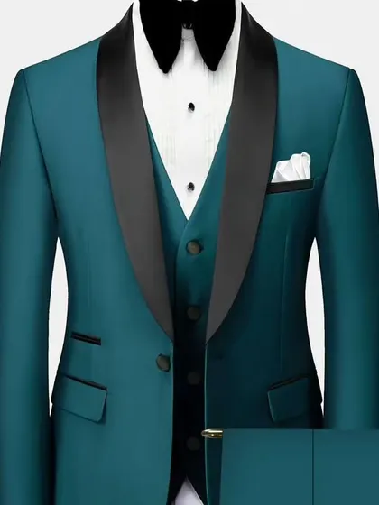 A teal green tuxedo with a black shawl lapel. The color is vibrant and perfect for festive occasions.