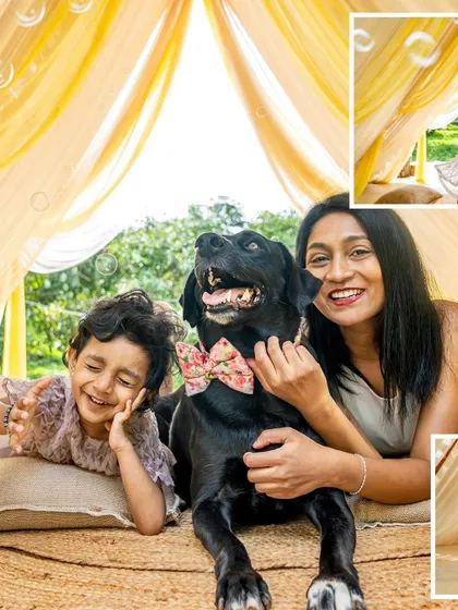 A collage showing a girl and her mom laughing with their dog, surrounded by bubbles.