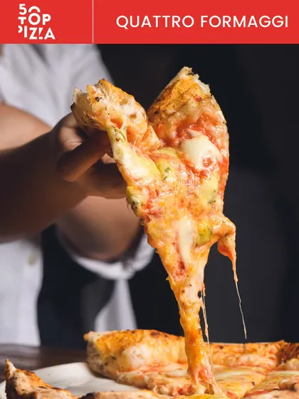 Our Quattro Formaggi (Four Cheese) pizza, famous for its incredible cheese pull.