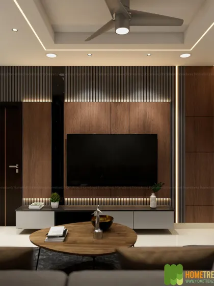 For this living room, I designed a full-wall TV unit featuring a combination of dark wood and fluted panels. The integrated backlighting and clean lines create a dramatic yet elegant focal point, demonstrating how custom cabinetry can transform a central living area.