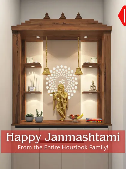 On the auspicious occasion of Janmashtami, we share this beautifully crafted pooja unit. The design features a traditional wooden frame, backlit panel, and brass bells, creating a serene space for prayer.