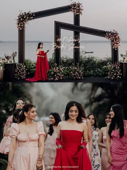 A collage combining a shot of the modern decor with the bride and her bridesmaids walking together.