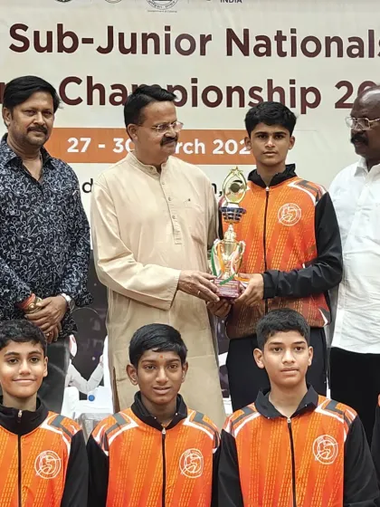 Arjun Sonavane receiving the team trophy at the Sub-junior National Fencing Championship. He won both individual and team gold, a remarkable achievement for a young fencer.