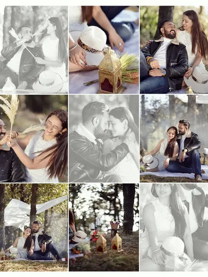 A grid of candid and posed shots from a picnic-themed pre-wedding shoot. The mix of color and black and white adds artistic variety to the collection.