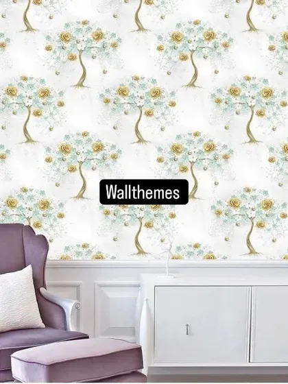 A room mockup with a white wallpaper featuring stylized trees with blue and gold flowers.