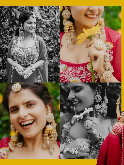A collection of the bride's joyful portraits from her Haldi, showcasing her floral jewelry and radiant smiles.
