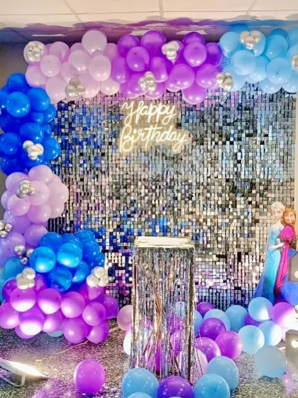 A Frozen-themed birthday setup with a silver shimmer wall and a blue and purple balloon arch. Cutouts of Elsa and Anna complete the look.