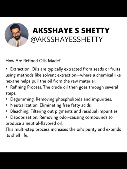 How are refined oils made? The crude oil goes through several steps like degumming, neutralization, and bleaching to remove impurities. This multi-step process increases the oil's purity and extends its shelf life.