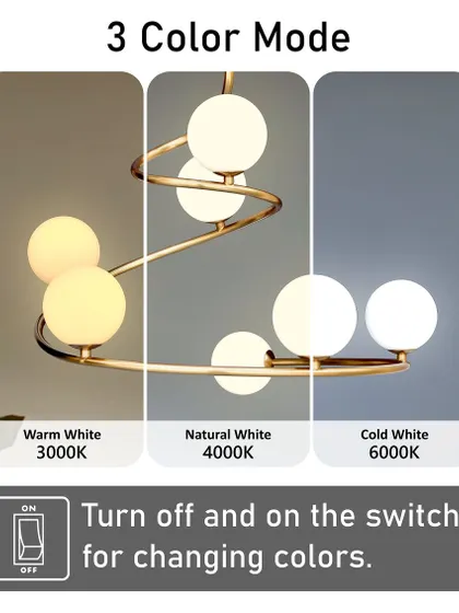 This graphic demonstrates the 3-color mode of our spiral globe chandelier, a feature available in many of our LED lights.