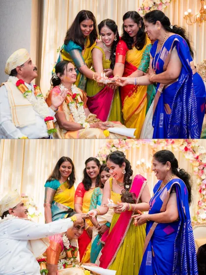 A collage of the bride and groom participating in fun wedding games with their families.