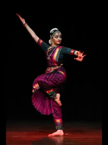 A repeat of a powerful, dynamic pose from a traditional Bharatanatyam Margam, showcasing energy and precision.