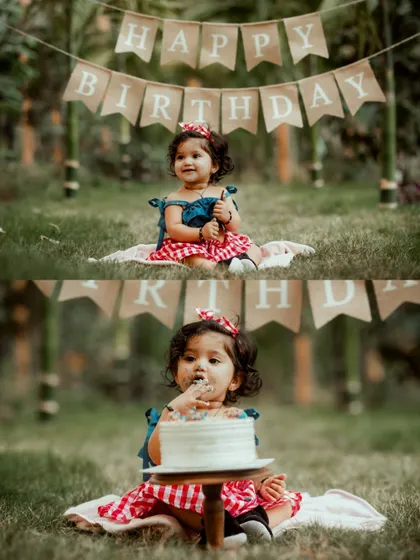A collage showing the before and after of an outdoor cake smash session, with a beautiful "Happy Birthday" banner in the background.
