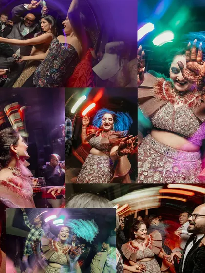 A high-energy collage from an engagement party, using motion blur and colorful lights to capture the fun and excitement of the dance floor.