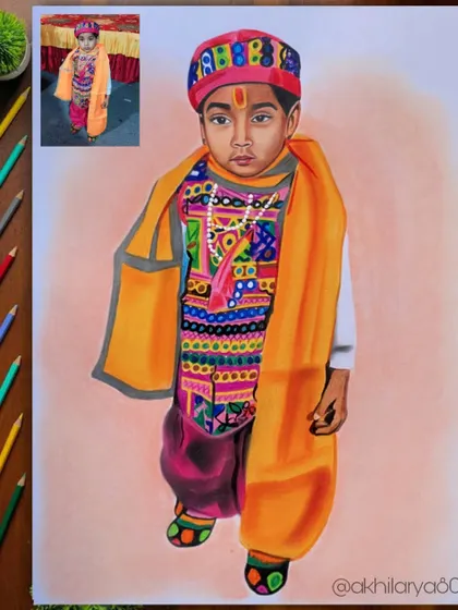 This A3 colored pencil drawing captures a young boy in a colorful traditional outfit. The details in his clothes and his serious expression make for a very striking portrait.