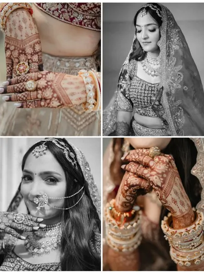 A black and white collage focusing on the bride's hands, adorned with intricate henna and jewelry. These details are a beautiful part of her bridal story.