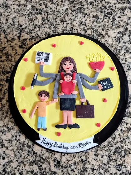 Dedicated to all the supermoms out there! This cake depicts a multitasking mom, juggling work, kids, and home, with every element handcrafted from fondant.