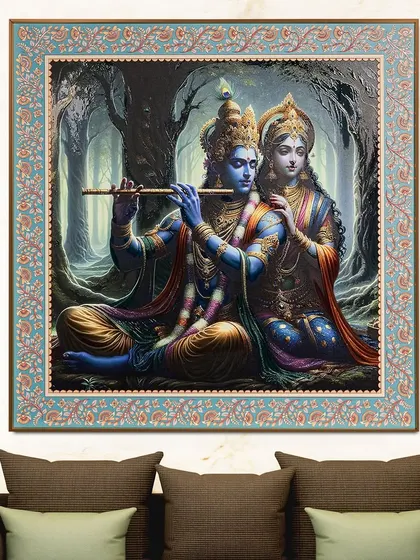 Capture the divine love of Radha and Krishna with this beautiful fabric-embossed wall painting. The serene forest setting and intricate details make it a captivating piece of spiritual art for your living room or prayer space.