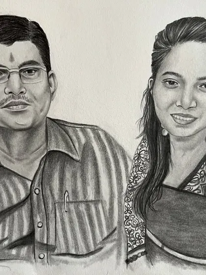 A completed A4 pencil sketch of a couple, perfect for celebrating parents or as a family gift. The drawing combines two people into a single, harmonious portrait.
