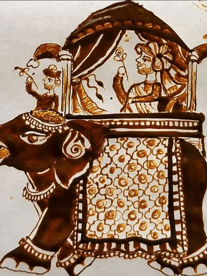 A classic from my class syllabus: the groom on an elephant. I teach students how to draw these majestic figures, a popular element in grand bridal mehendi.