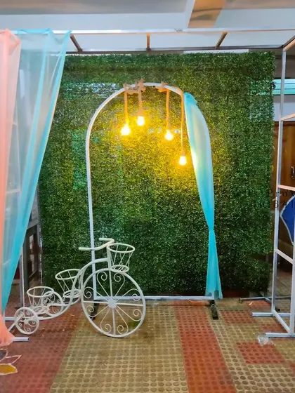 This is a simple and versatile setup that can be used for small parties or as a photo booth. It features a green wall backdrop, a decorative bicycle prop, and hanging Edison bulbs for a rustic-chic vibe.