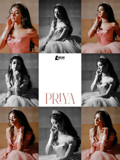 A grid collage of bride Priya, capturing her many princess-like poses in a mix of color and black and white.