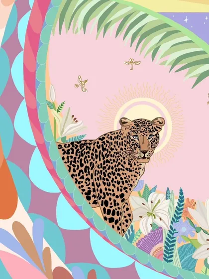 A close-up of the leopard illustration from the wedding invite. The leopard is depicted in a sunny, daytime setting surrounded by flowers and dragonflies, framed by the vibrant border.