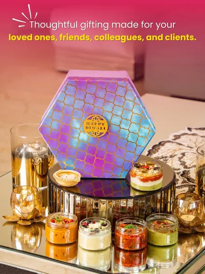 Our thoughtful gifting is made for your loved ones, friends, colleagues, and clients. This stunning hexagonal box filled with our gourmet dips makes for an elegant and modern Diwali present.
