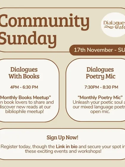 A "Community Sunday" flyer for our monthly book meetup and poetry mic, inviting book lovers and poets to connect.