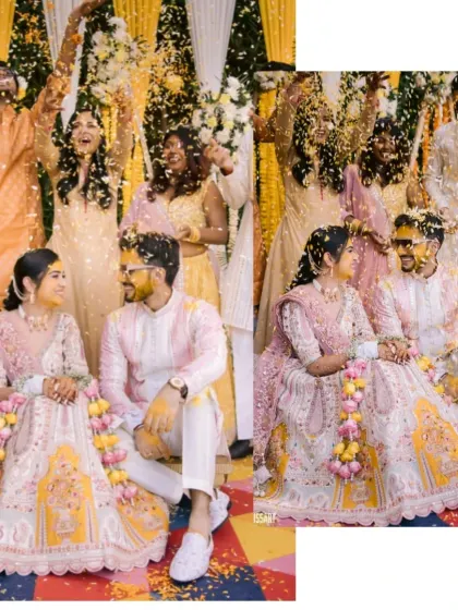 A collage of a couple being showered with flower petals by their friends and family during a joyous Haldi ceremony.