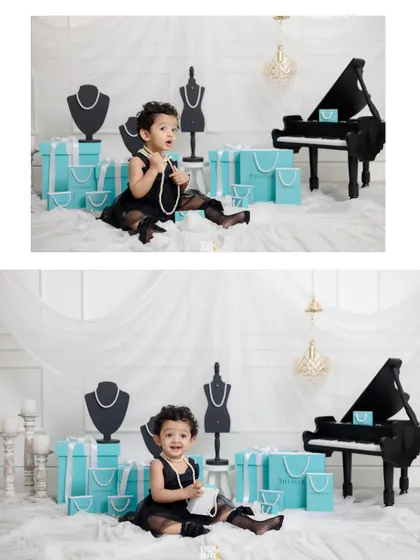 A collage from a Tiffany & Co. themed cake smash, showing the birthday girl enjoying her elegant setup with pearls and a mini piano.