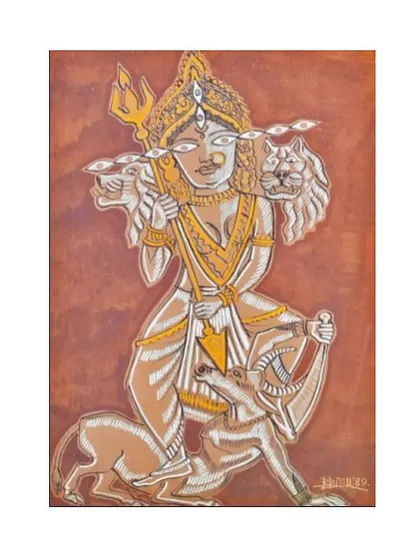 From my archives, a 'Durga' watercolour by Baren Basu dated 1989. The piece is a fine example of the Bengal artists' ability to interpret traditional iconography with a modern, graphic sensibility, making it a desirable collectible.