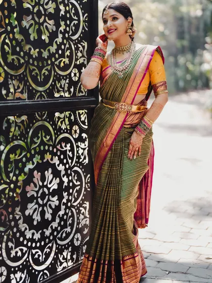 Radiant in green and yellow, this bride is ready for a lifetime of happiness. Her look is fresh and vibrant, perfect for an outdoor, daytime event.