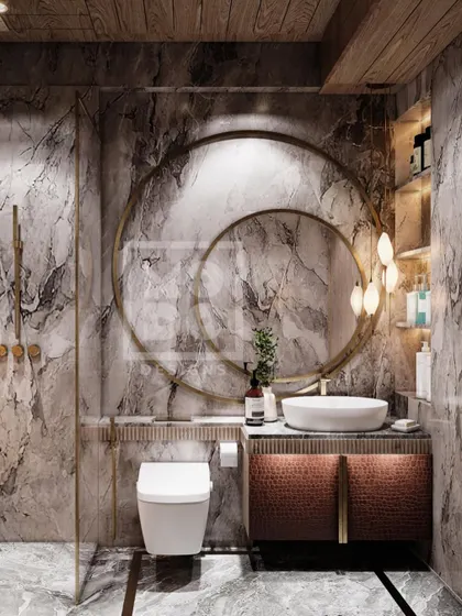 This elegant bathroom combines textured marble walls with statement double-ring mirrors and warm, woven-front cabinetry. The design feels both opulent and earthy, creating a unique, spa-like atmosphere.