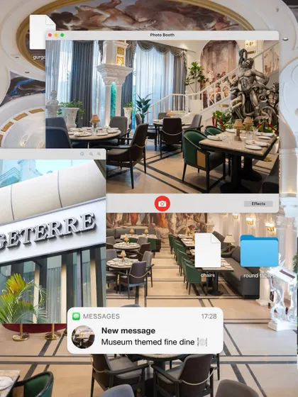 A collage showcasing our work for the museum-themed restaurant, Begeterre. This highlights the cohesive design language we implemented across the entire space, from the dining chairs to the overall layout.
