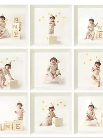 A collage showcasing the many moods and moments of a first birthday shoot. From playful to curious, every expression is a treasure.