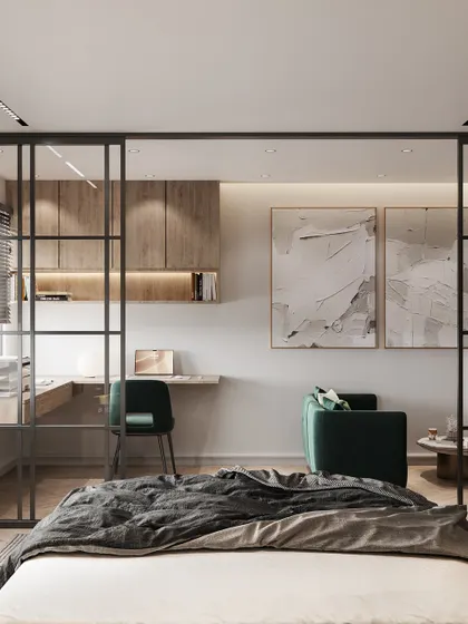 This view from the bed shows the integrated home office space, separated by the glass partition. It's a perfect example of how I visualize multi-functional room layouts.