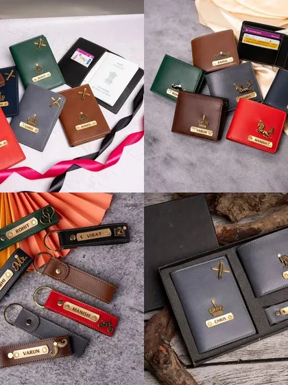 This 3-in-1 vegan leather combo includes a men's wallet, a passport cover, and a keychain. You can choose from seven different colors and customize all three items with a name and charm.