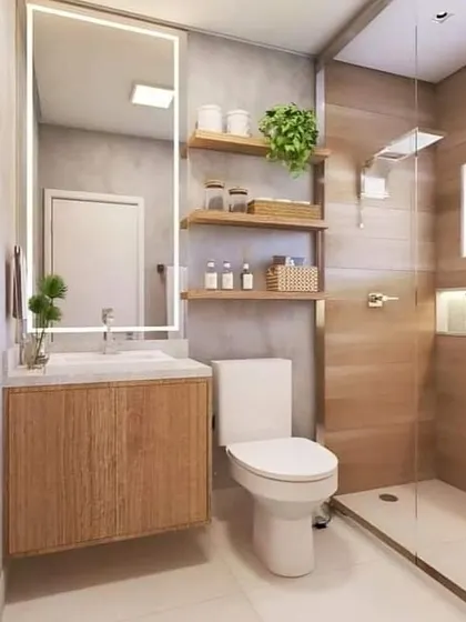 A compact bathroom design that feels open and airy. It features a floating vanity, a glass shower partition, and open wooden shelves, which provide storage without visually cluttering the space.