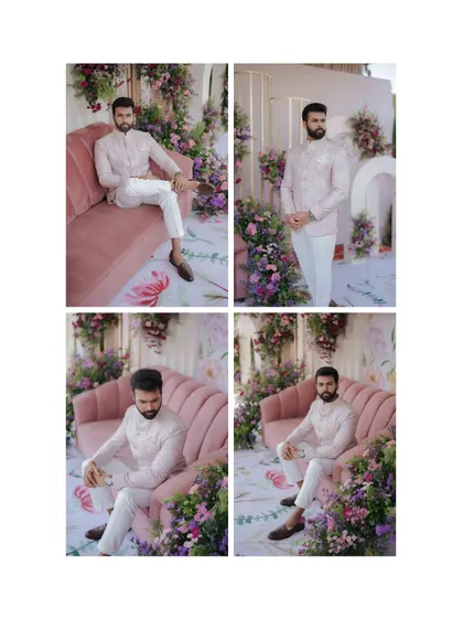 A four-panel collage showcasing the groom's stylish poses in his elegant pink bandhgala suit for the engagement ceremony.