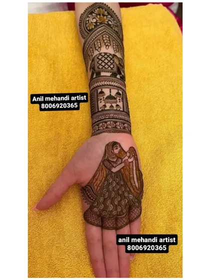A single-hand design featuring a bride figure on the palm. The arm is decorated with traditional elements like an elephant and a palace, perfect for bridesmaids or family members.