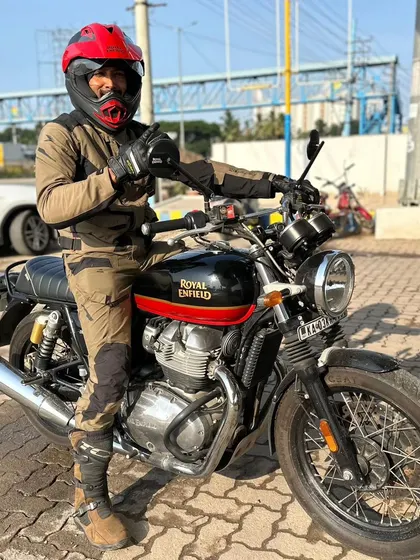 Fully geared up on my Royal Enfield. Wearing proper Taichi riding gear is non-negotiable for safety on our tours.