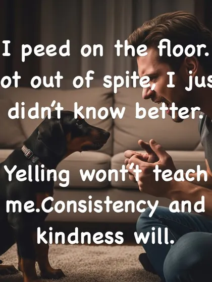 Accidents happen, especially with puppies. I didn't pee on the floor to make you angry; I just didn't know better or couldn't hold it. Yelling won't teach me. A consistent potty schedule, patience, and kindness will.