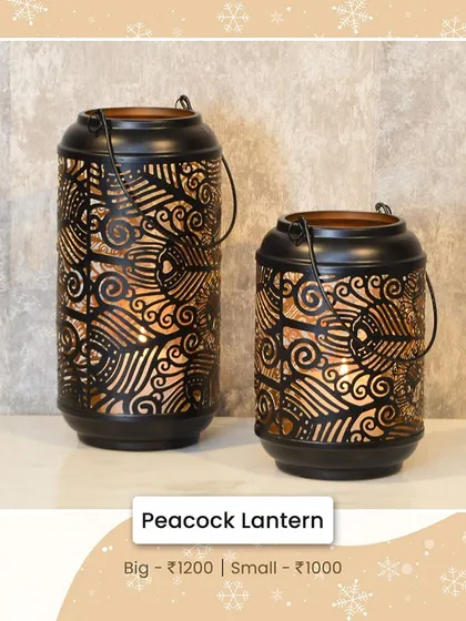 Our Peacock Lantern, with its intricate cut-out design, casts beautiful shadows when lit. It's available in two sizes and adds an ethnic touch to your decor.
