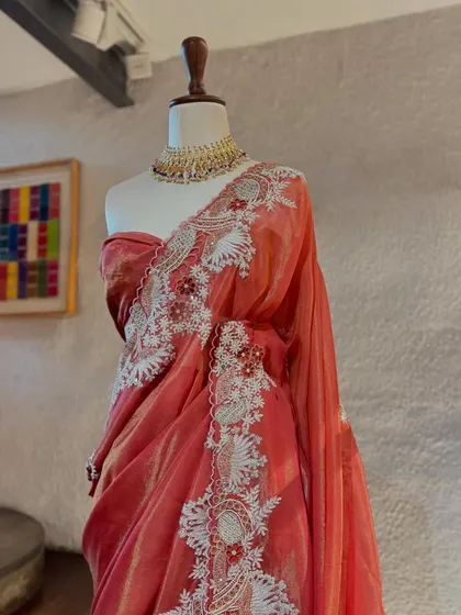 A detailed shot of the rust-colored organza saree with intricate white threadwork. This piece is a work of art, perfect for someone who appreciates subtle yet stunning craftsmanship.