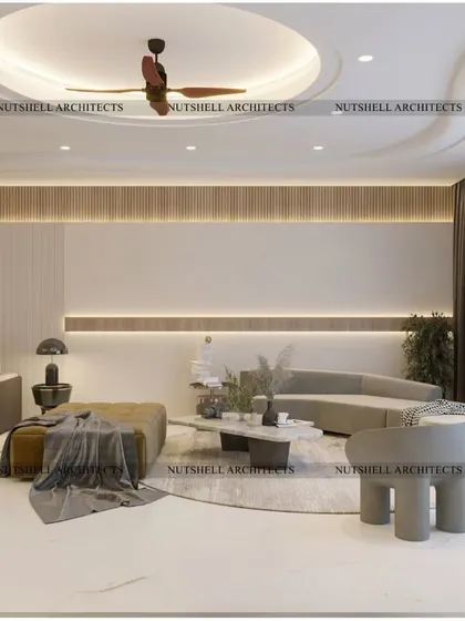 Another perspective of the party lounge, showing the curved architectural details and large windows that fill the room with light. The furniture is modern and sculptural, adding to the room's sophisticated feel.