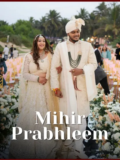 A picture-perfect moment of the bride and groom, Mihir and Prabhleem, at their Goa wedding. Her makeup is soft, radiant, and ideal for a day wedding.